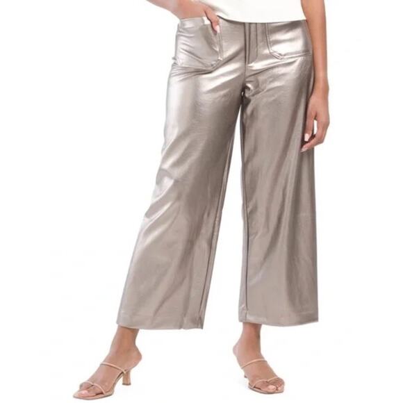 NWT CeCe Faux Leather Cropped Gold Metallic Wide‎ Leg Pants Womens Large (1296) - Picture 1 of 8